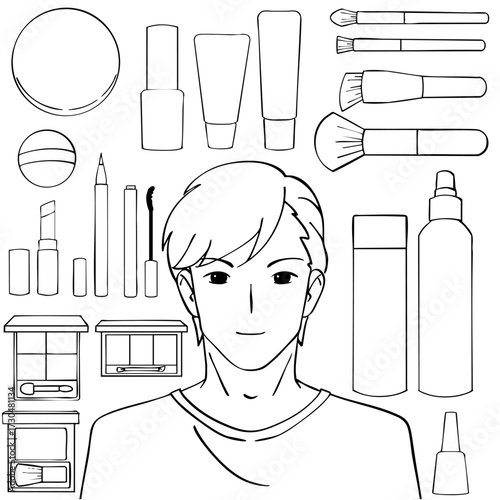 男性と化粧品の白黒イラストセット