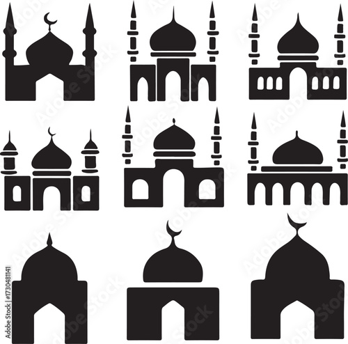 Collection of silhouette Islamic mosques with minarets and domes