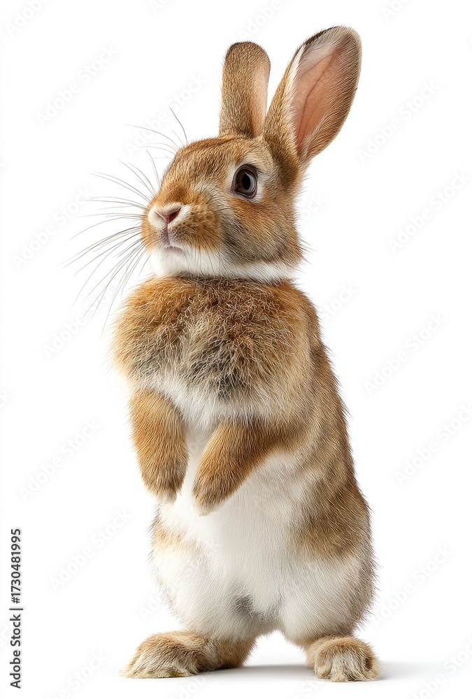 Fototapeta premium Standing rabbit with brown and white fur isolated on white background