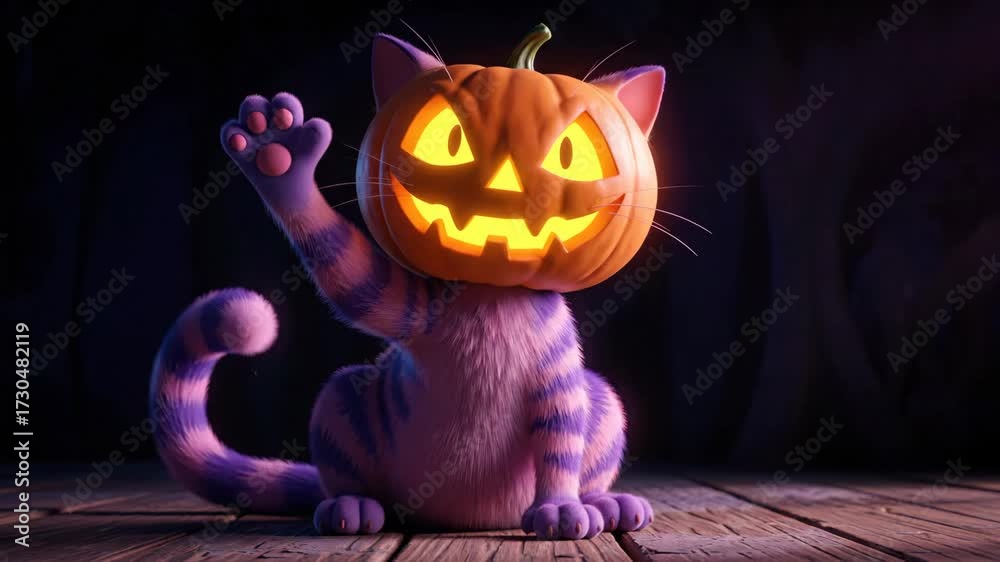Cute cat character with pumpkin head waving. Animated kitten with jack ...