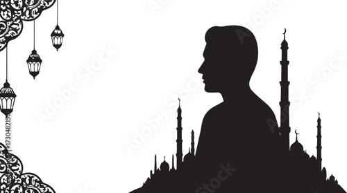Silhouette of a man looking towards a majestic mosque skyline with ornate lanterns and decorative elements, evoking cultural heritage and spiritual reflection.