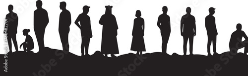 Diverse group of people standing and crouching on varied terrain creating a powerful visual narrative of humanity's collective presence