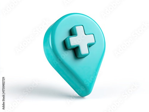 Turquoise healthcare location marker with a white cross icon on white background