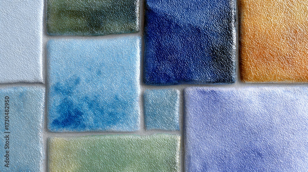Fototapeta premium Colorful handmade ceramic tiles form a textured accent wall in a creative home renovation space