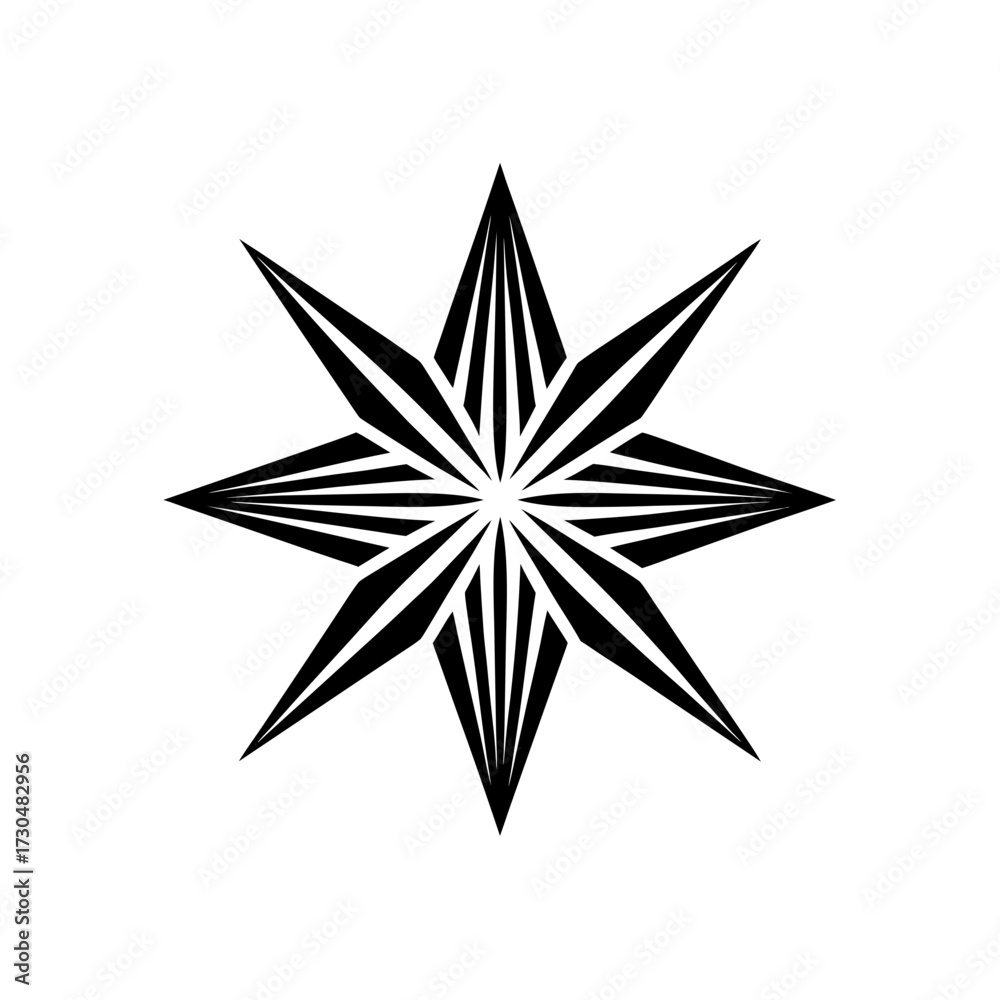 Obraz premium Black and white starburst pattern with eight points and striped design radiating from the center point