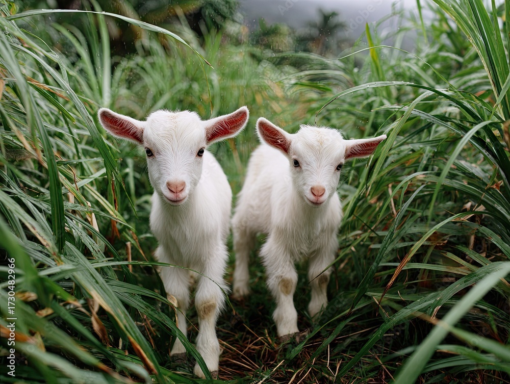 Fototapeta premium Two adorable white goats standing in lush green vegetation
