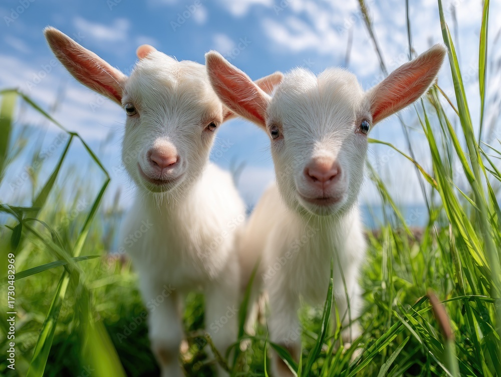 Fototapeta premium Two adorable young goats in a field of green grass under a blue sky