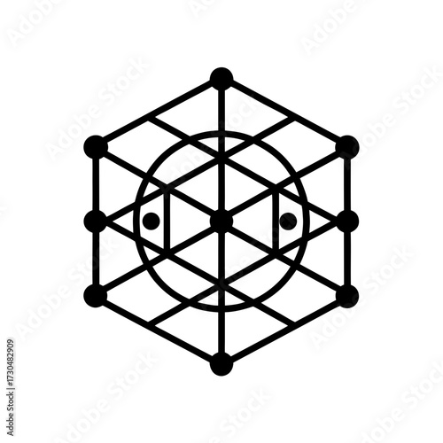 Geometric design featuring a hexagon grid with circles and triangles and internal smaller circles inside