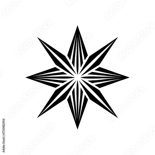 Black and white starburst pattern with eight points and striped design radiating from the center point
