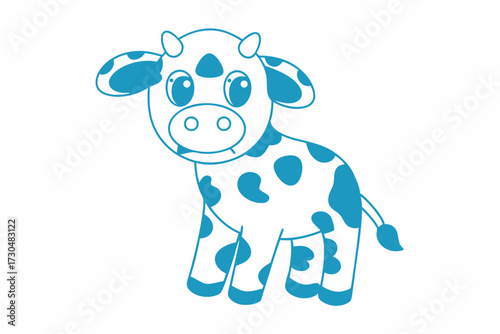 Cartoon cow standing cutely with blue spots, white skin, and cheerful expression