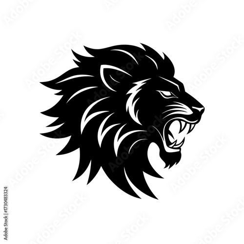 Illustration of a black lion head in profile with an open mouth showing its teeth and sharp mane design