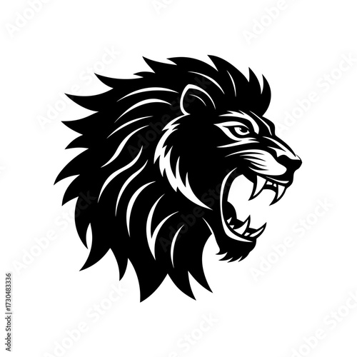 Illustration of a black and white lion head with an open mouth and sharp teeth in a side profile view