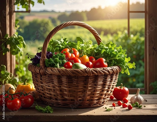 Fresh Organic Vegetables in Rustic Basket Sunlight Farm Setting