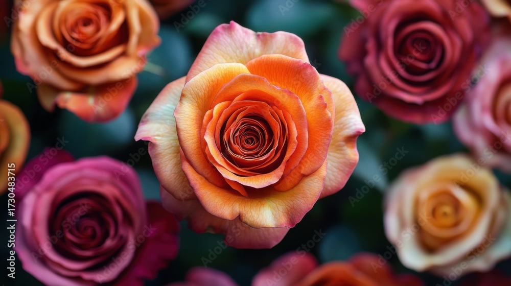 Obraz premium Close-up of multicolored roses with vibrant petals in a lush garden setting demonstrating natural beauty and floral elegance with detailed textures