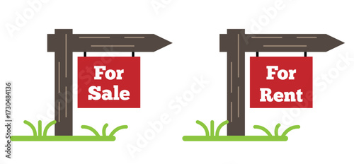 Wooden Sign for Sale and for Rent Flat Style Isolated on White. Informative information signs, housing finances, sales vector art