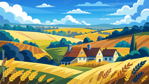 Beautiful nature countryside landscape with gentle hills, golden wheat fields, scattered cottages, and a blue sky.