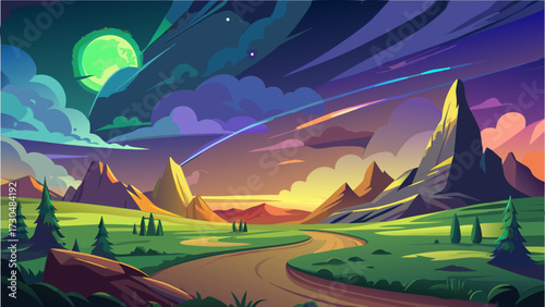 Beautiful nature countryside landscape with glowing hills and an awe-inspiring sky filled with cosmic clouds, auroras, and shimmering stars.