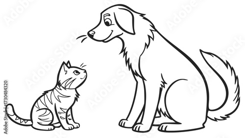 Vector illustration dog and cat sitting with minimal black outline, isolated on clean white background
