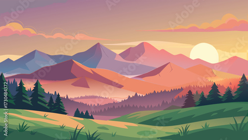 Rolling countryside hills with a soft meadow foreground, glowing orange and pink sunrise sky behind towering mountains