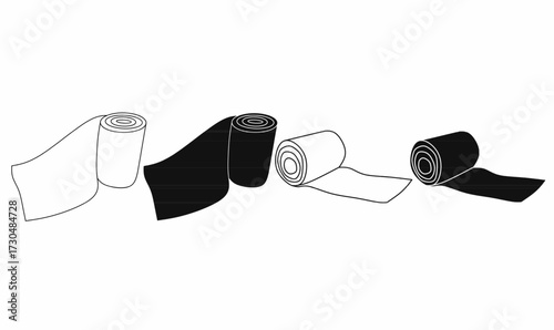 Set of bandage roll icons, outline and silhouette style, medical gauze roll illustration for first aid, injury treatment, healthcare and hospital equipment vector.