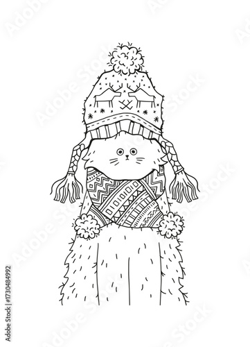 Cute cat in a knitted hat, scarf and mittens. illustration for coloring book.