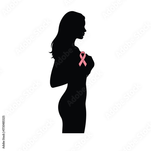 Silhouette of woman with pink ribbon for breast cancer awareness on white background for support campaign