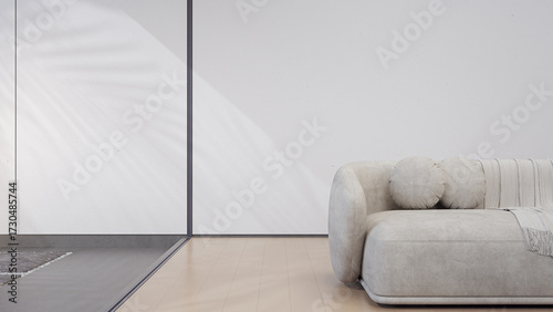 Minimalist living room with soft modern sofa and pillows in neutral tones. 3d rendering of bright interior space with natural light.