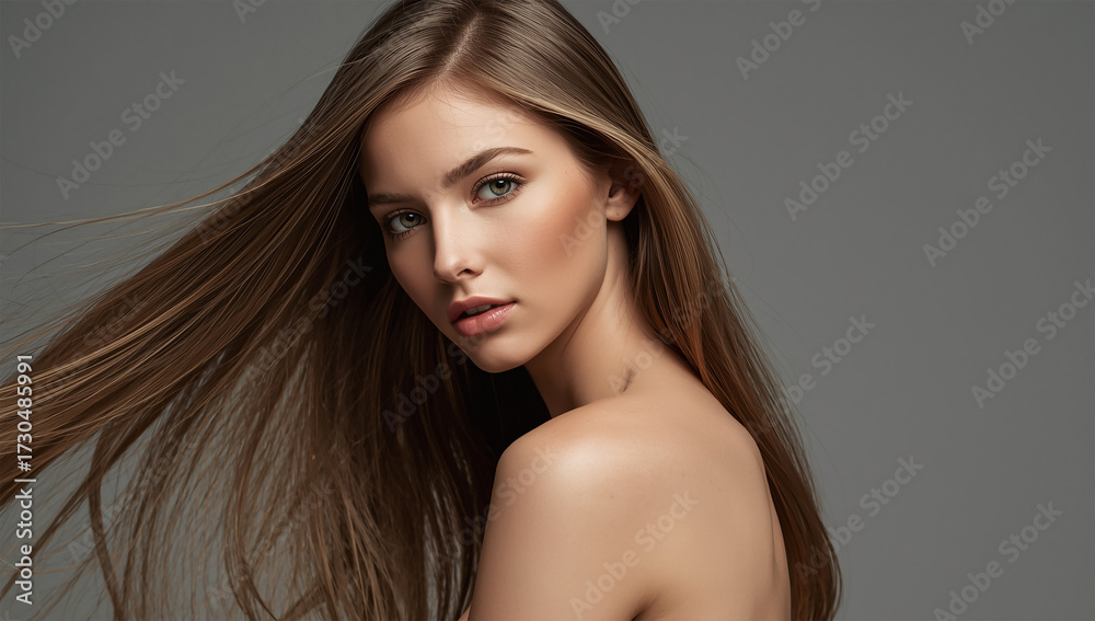 Naklejka premium Beautiful Young Woman with Long Straight Hair Natural Beauty Portrait on Gray Background