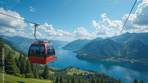 Red Cable Car Gondola Ascending Over Lush Green Mountain Landscape with Deep Blue Lake and Village Below, Ideal for Travel Brochures and Tourism Websites