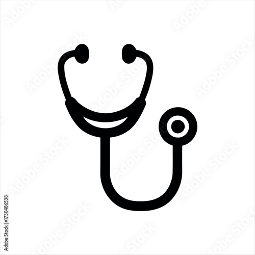 A simple glyph-style stethoscope icon in solid black with white background, featuring a stethoscope with a heartbeat line in the center, ideal for medical graphics, healthcare themes, and hospital bra