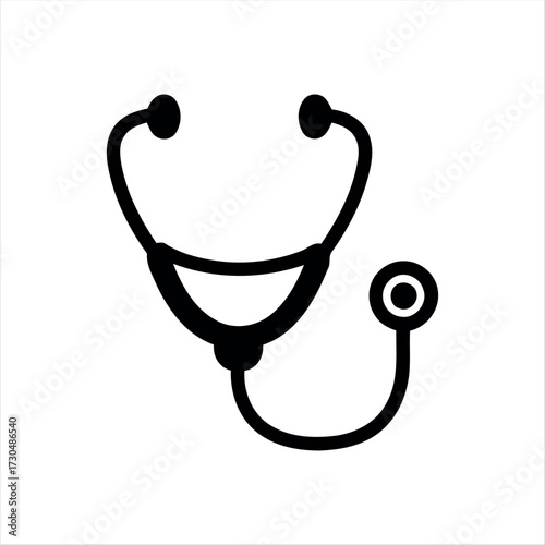 A simple glyph-style stethoscope icon in solid black with white background, featuring a stethoscope with a heartbeat line in the center, ideal for medical graphics, healthcare themes, and hospital bra