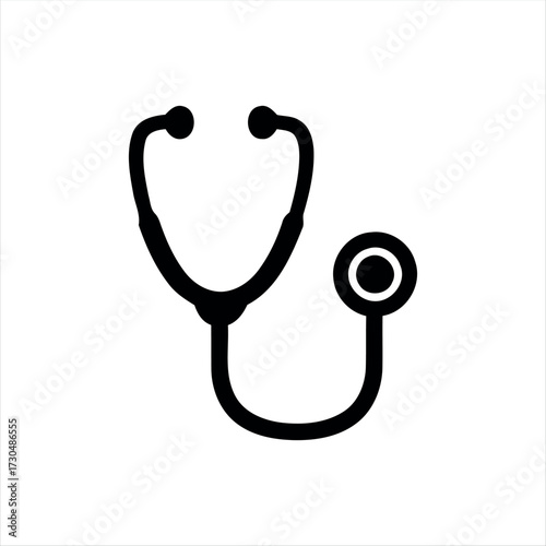 A simple glyph-style stethoscope icon in solid black with white background, featuring a stethoscope with a heartbeat line in the center, ideal for medical graphics, healthcare themes, and hospital bra