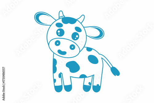 Cartoon Holstein calf with light blue spots stands calmly on a white background