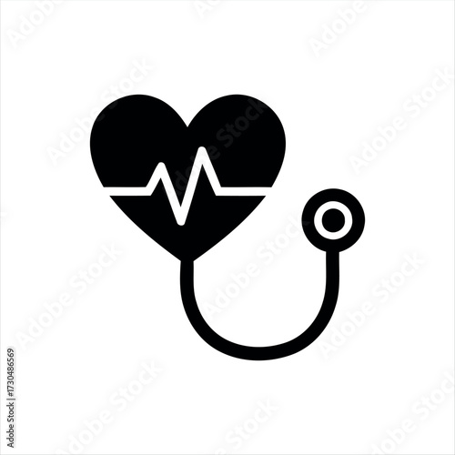 A simple glyph-style stethoscope icon in solid black with white background, featuring a stethoscope with a heartbeat line in the center, ideal for medical graphics, healthcare themes, and hospital bra