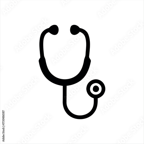 A simple glyph-style stethoscope icon in solid black with white background, featuring a stethoscope with a heartbeat line in the center, ideal for medical graphics, healthcare themes, and hospital bra