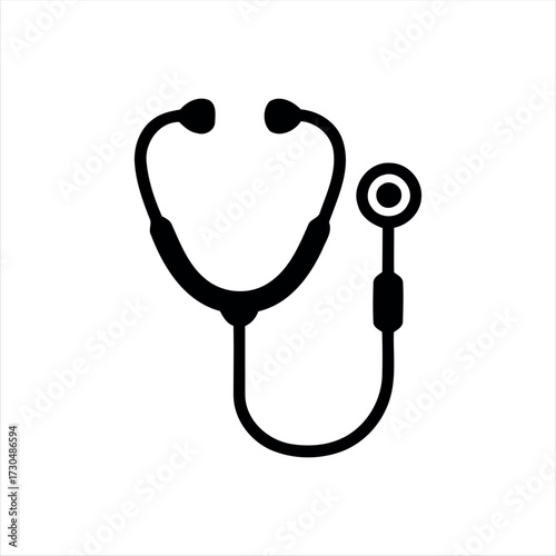A simple glyph-style stethoscope icon in solid black with white background, featuring a stethoscope with a heartbeat line in the center, ideal for medical graphics, healthcare themes, and hospital bra