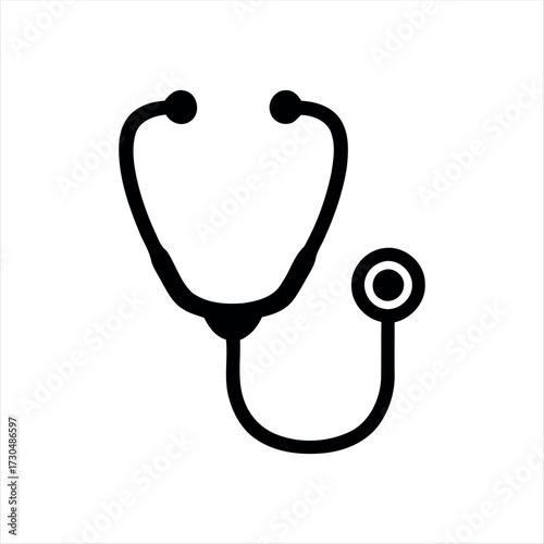 A simple glyph-style stethoscope icon in solid black with white background, featuring a stethoscope with a heartbeat line in the center, ideal for medical graphics, healthcare themes, and hospital bra