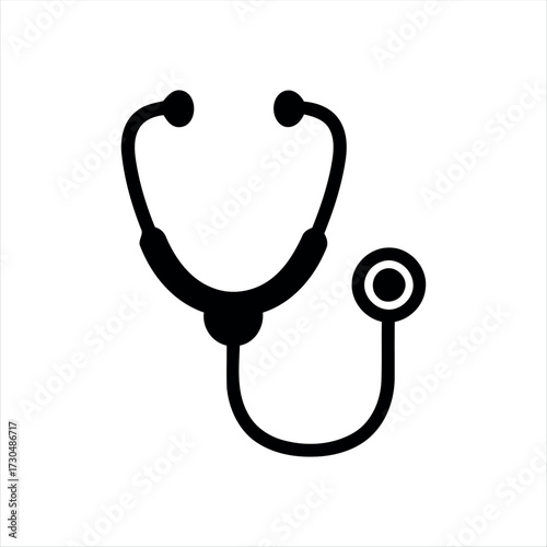 A simple glyph-style stethoscope icon in solid black with white background, featuring a stethoscope with a heartbeat line in the center, ideal for medical graphics, healthcare themes, and hospital bra