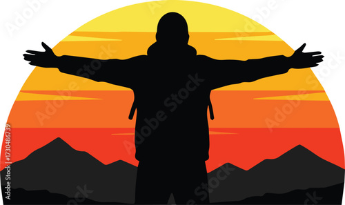 Silhouetted hiker celebrates freedom and achievement with open arms at vibrant mountain sunset