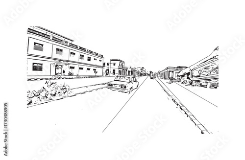 Print Building view with landmark of Kosice city. Hand drawn sketch illustration in vector.