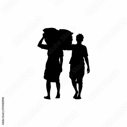 Silhouette of rice mill laborers resting after heavy load isolated on white background