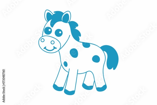 Cartoon outline illustrates a smiling blue spotted horse standing on white background