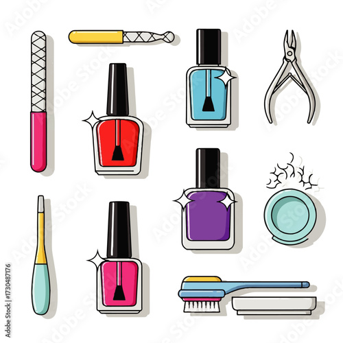 A vibrant collection of essential nail care tools and beauty products for manicure and pedicure routines, presented in a clean, graphic illustration style