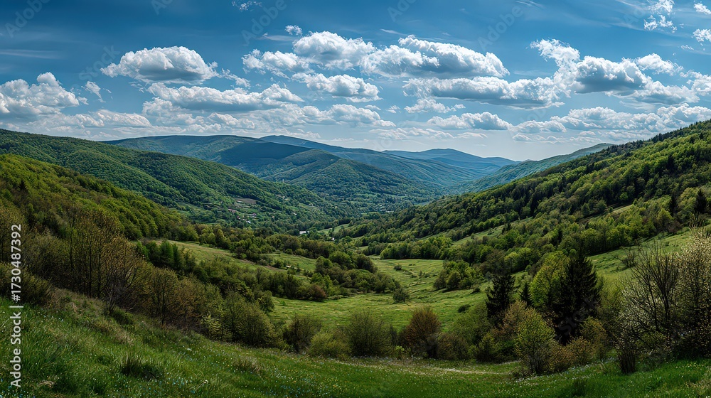Fototapeta premium Panoramic View Of Lush Green Valley With Hills And Cloudy Sky