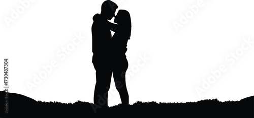 Intimate silhouette of a couple embracing passionately against a stark white background, evoking timeless romance and connection.