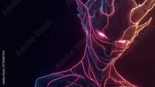 Neon line art demon with glowing horns and eyes in abstract energy