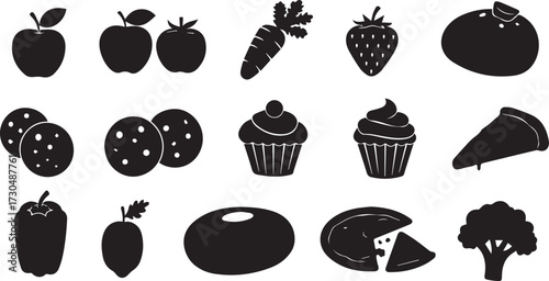 Vibrant collection of delicious food and fresh produce icons, perfect for culinary projects and healthy eating themes