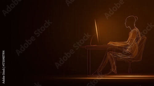 Silhouette of developer at computer in warm glowing light