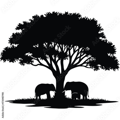 Silhouette of elephants under a tree with a large canopy providing shade in a monochrome illustration