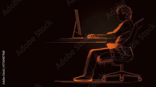 Silhouette of programmer in warm light working on computer